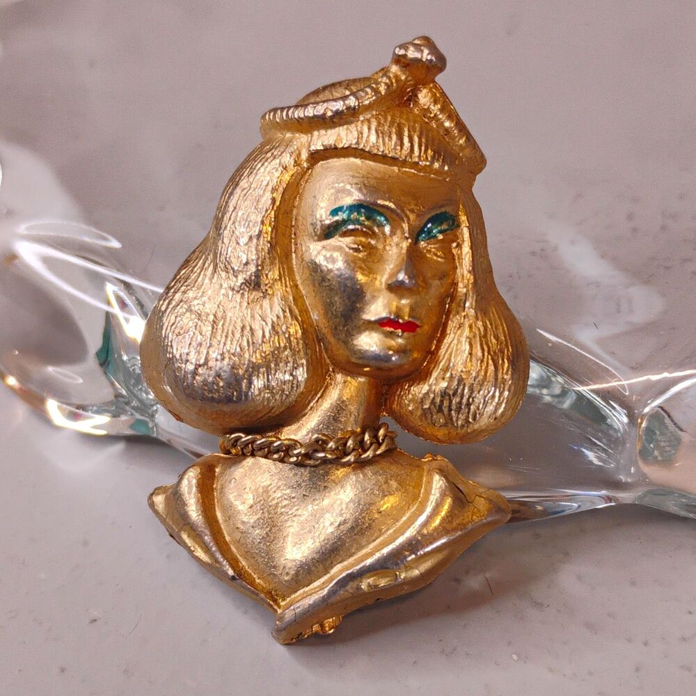 Vintage Cleopatra Egyptian Revival Book Piece Brooch W/Double Pins Read